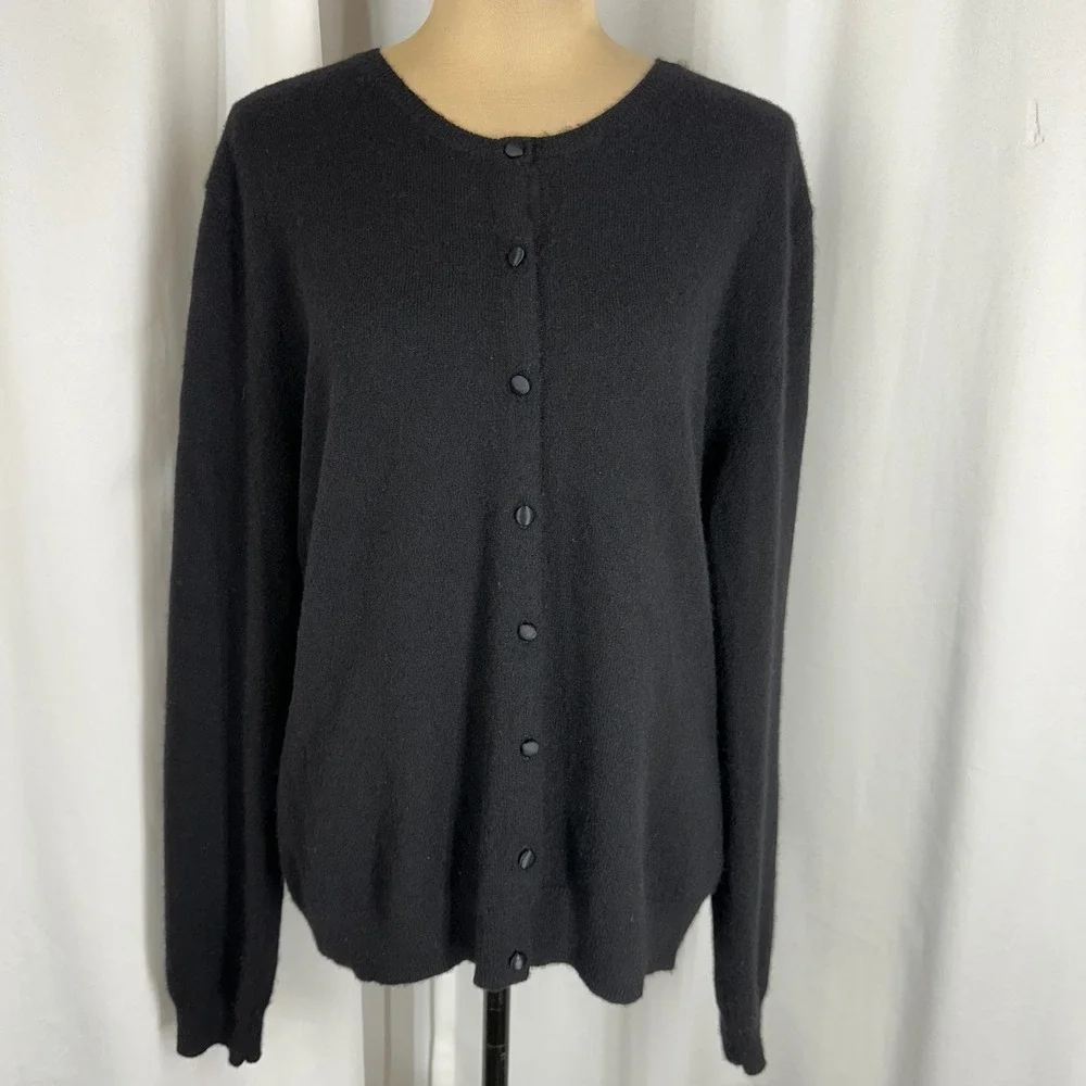 Peck & Peck Pure Cashmere Black Cardigan Sweater XL 2 Ply Button Front READ